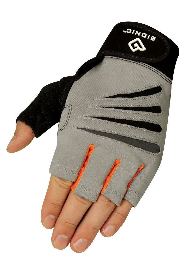 Bionic Glove Men's Cross-Training Fingerless Gloves w/ Natural Fit Technology, Gray/Orange (PAIR), Large - Image 1